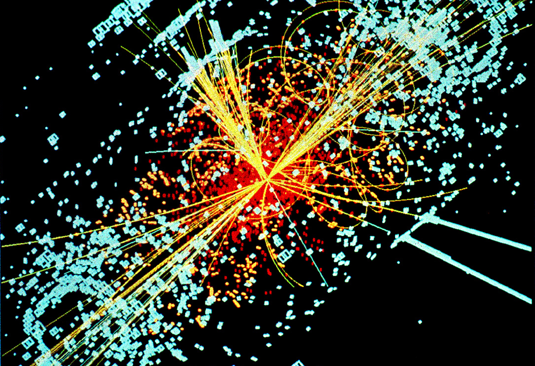 An example of simulated data as might be observed at a particle detector on the Large Hadron Collider. Here, following a coll