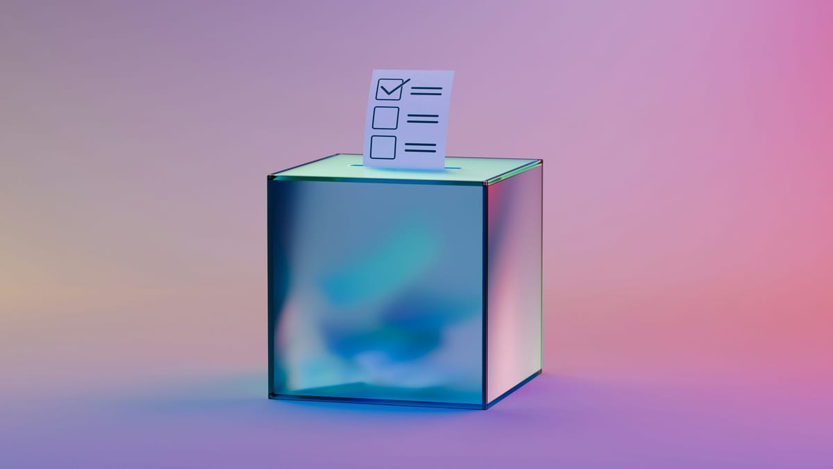 An illustration of a ballot box with part of a ballot sticking out from the top, against a lilac background.