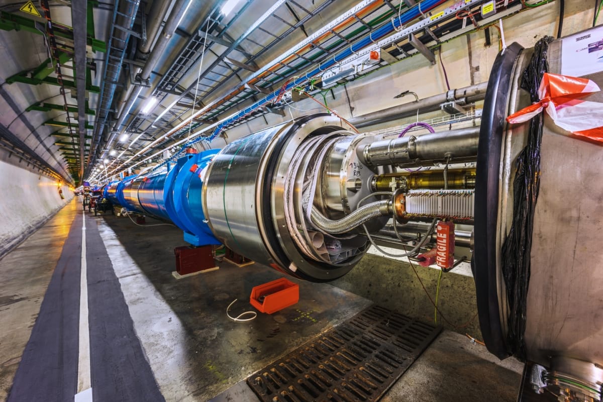 A view of the Large Hadron Collider inside its tunnel.