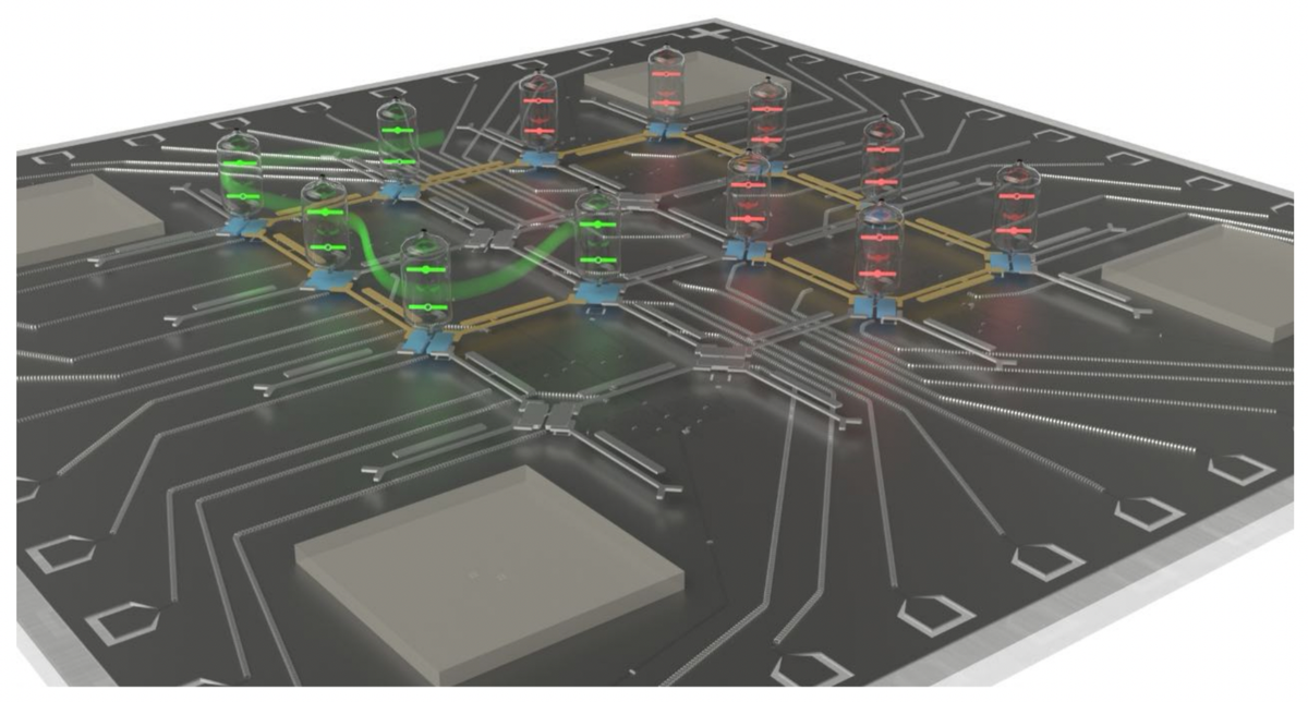 3D rendering of a superconducting quantum chip laid out as a 16-qubit lattice. Twelve qubits in the middle are shown as small