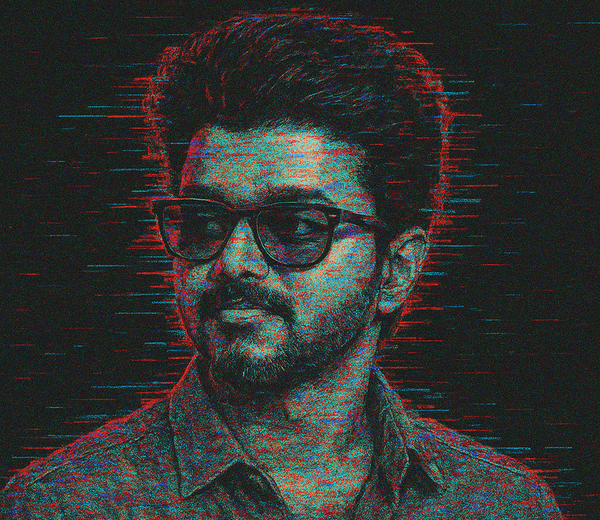 A portrait of actor-politician Joseph Vijay in the glitch-art style.