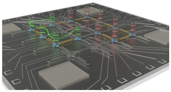 3D rendering of a superconducting quantum chip laid out as a 16-qubit lattice. Twelve qubits in the middle are shown as small